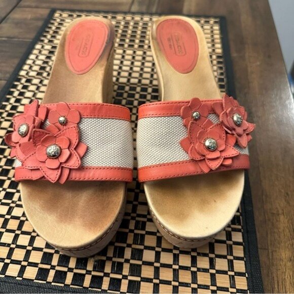 Coach Jesaca Coral Floral Leather Slip-On Open Toe Wedge Sandals Size 7.5 - Picture 3 of 13